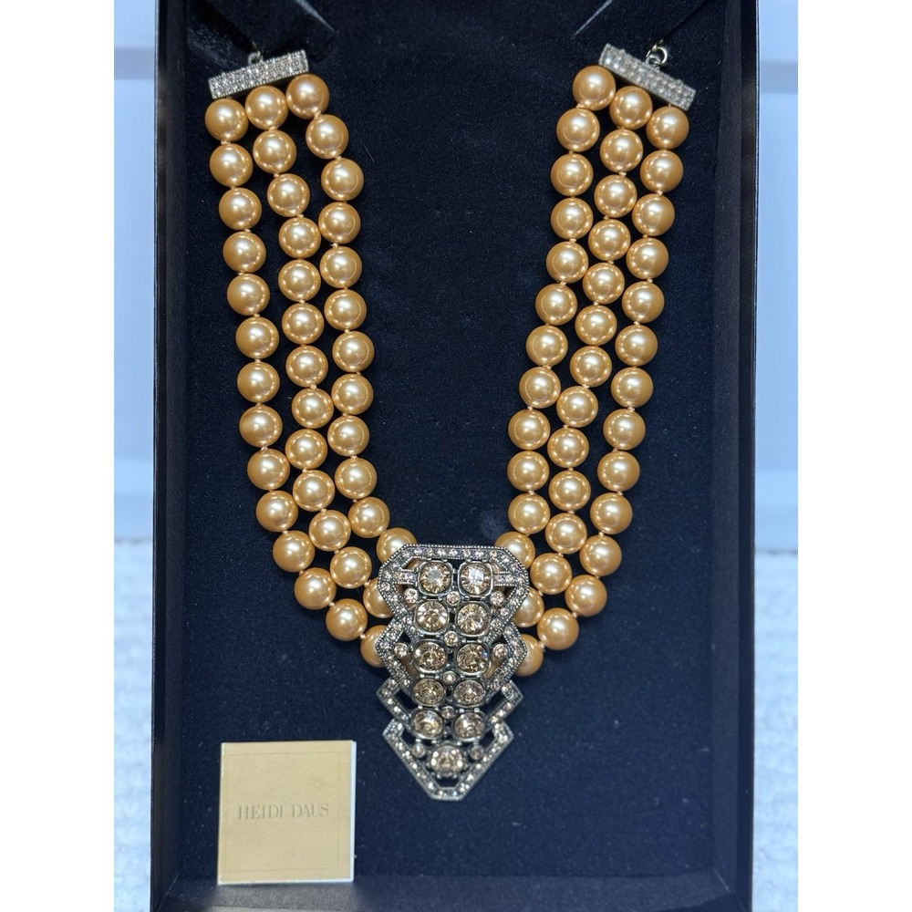 Heidi Daus Topaz Crystal Gold Beads Statement Necklace Multistrand w/ Box